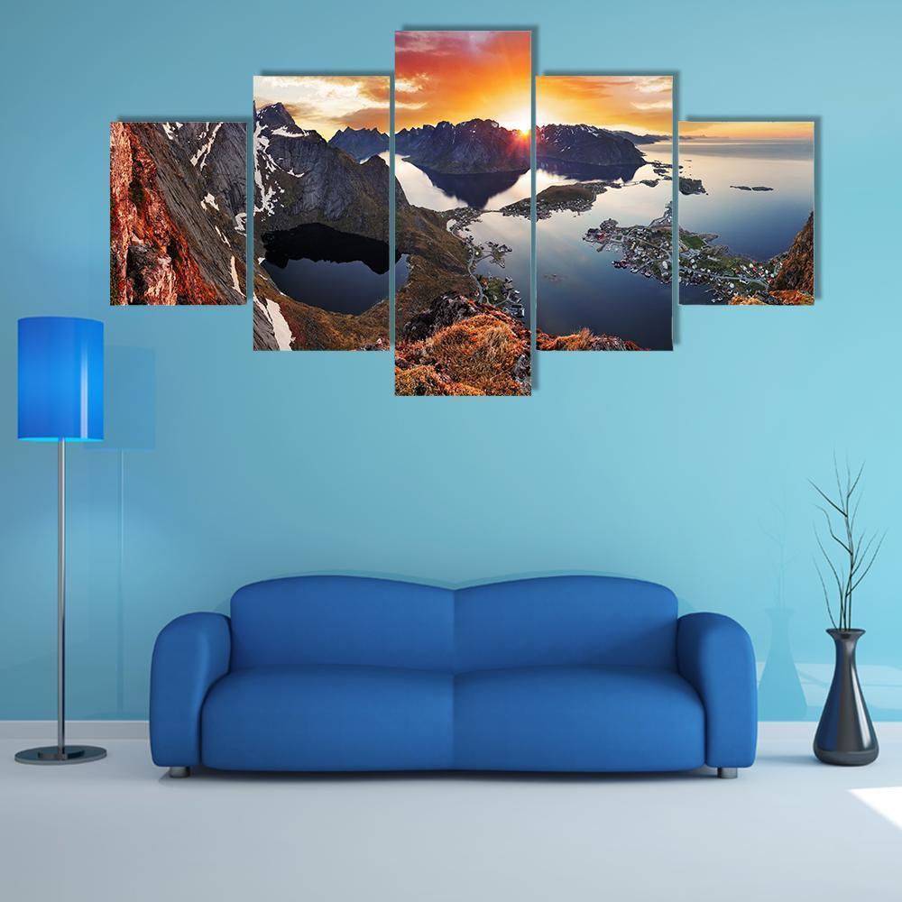 Norway Mountain Coast at Sunset Canvas Wall Art in orange, blue and purple, 5 panel Star layout hung on a wall