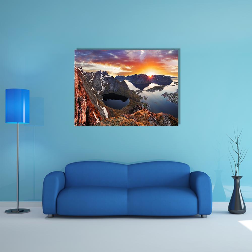 Norwegian Mountain Coast at Sunset Canvas Wall Art in brown, orange and blue, single panel hung on a wall