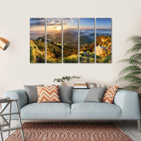 Mountain Forest In Sunlight Canvas Wall Art-5 Horizontal-Gallery Wrap-22" x 12"-Tiaracle