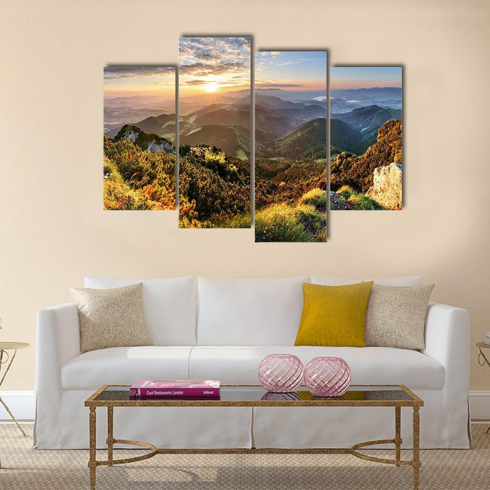 Mountain Forest In Sunlight Canvas Wall Art-4 Pop-Gallery Wrap-50" x 32"-Tiaracle