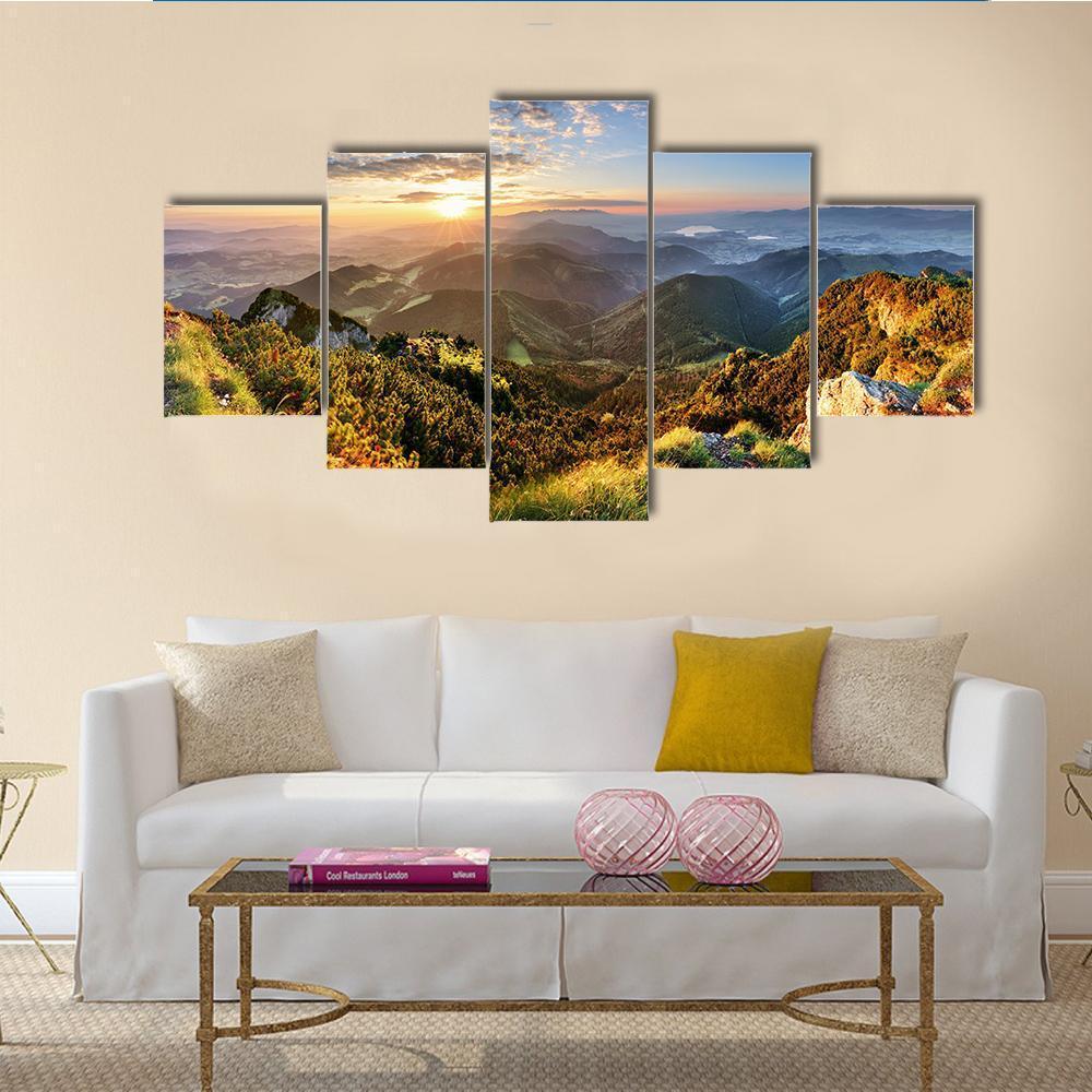 Mountain Forest In Sunlight Canvas Wall Art-5 Star-Gallery Wrap-62" x 32"-Tiaracle