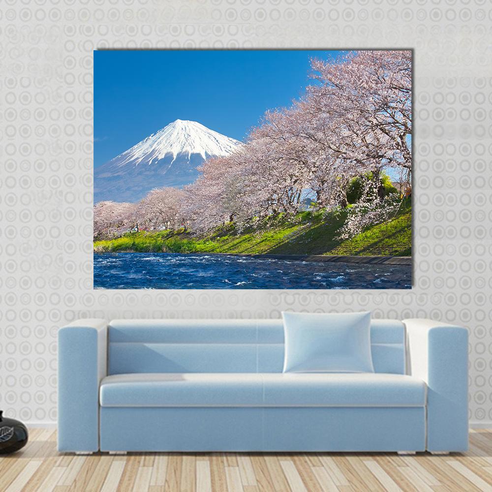 Mountain Fuji and Cherry Blossoms Canvas Wall Art in white, blue and pink, single panel hung on a wall