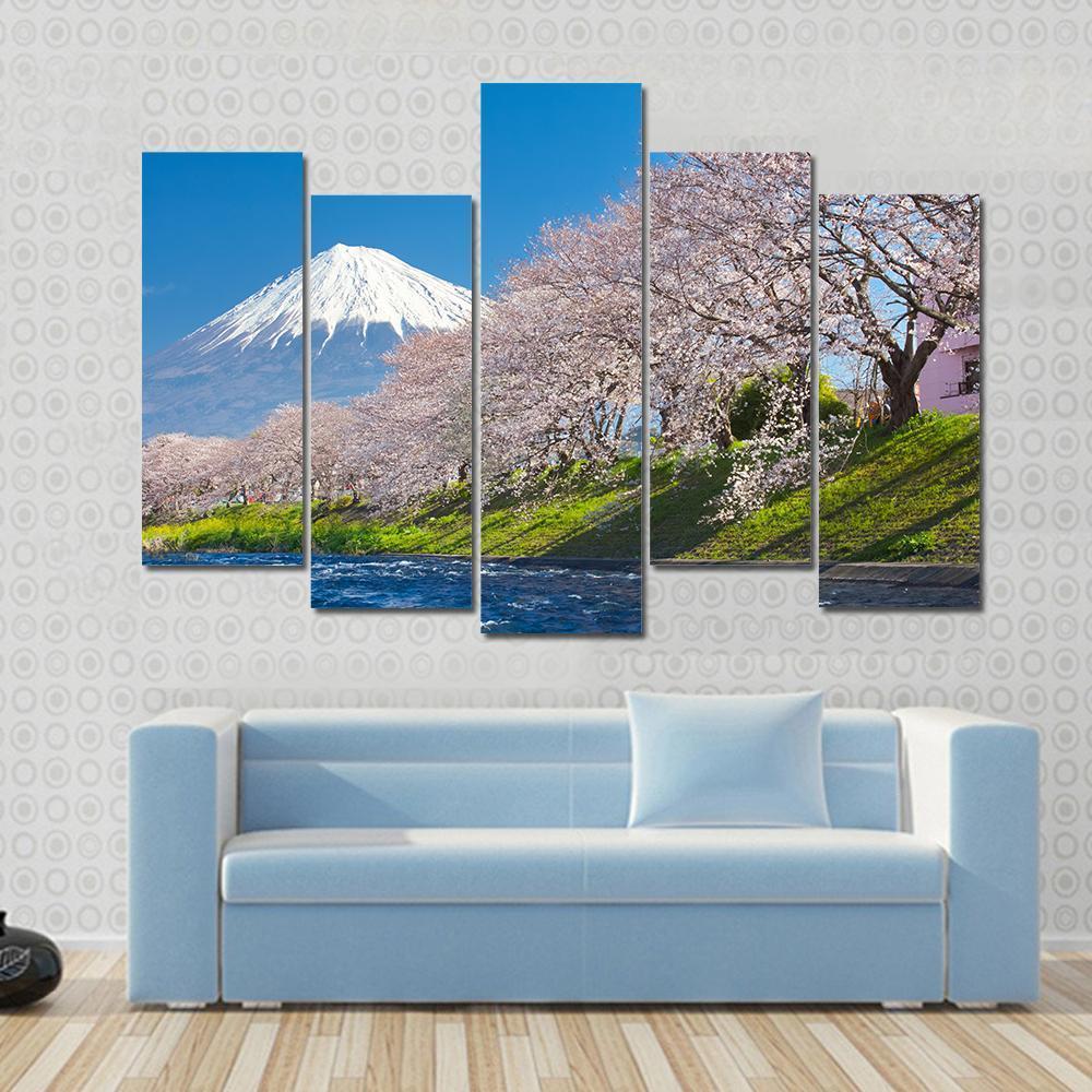 Mountain Fuji &amp; Cherry Blossom Canvas Wall Art-5 Pop-Gallery Wrap-47" x 32"-Tiaracle