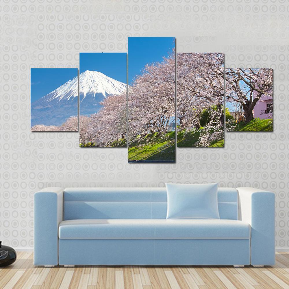 Mountain Fuji & Cherry Blossom Canvas Wall Art-5 Pop-Gallery Wrap-47" x 32"-Tiaracle