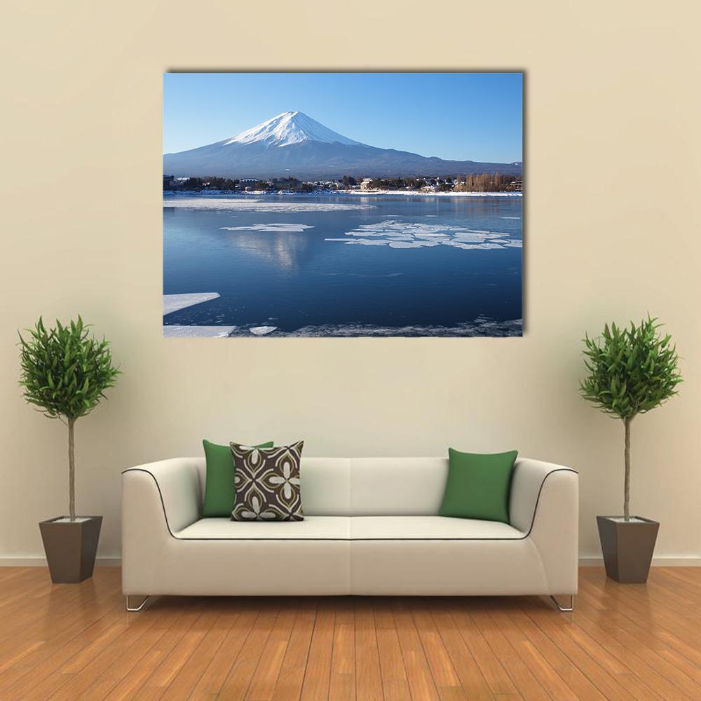 Mount Fuji Winter Reflection Canvas Wall Art in white and blue, single panel hung on a wall
