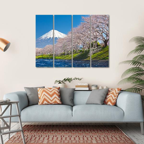Mountain Fuji &amp; Cherry Blossom Canvas Wall Art-4 Horizontal-Gallery Wrap-34" x 24"-Tiaracle