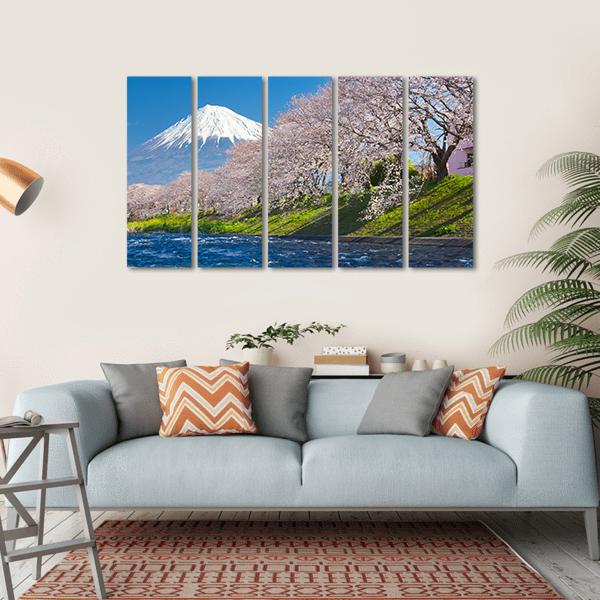 Mountain Fuji &amp; Cherry Blossom Canvas Wall Art-5 Horizontal-Gallery Wrap-22" x 12"-Tiaracle
