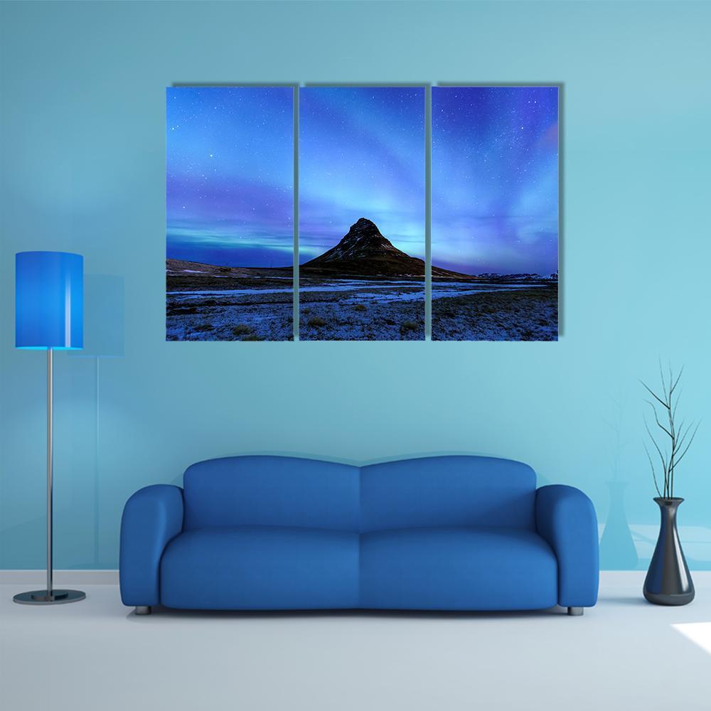 Mountain Kirkjufell & Aurora Canvas Wall Art-4 Pop-Gallery Wrap-50" x 32"-Tiaracle