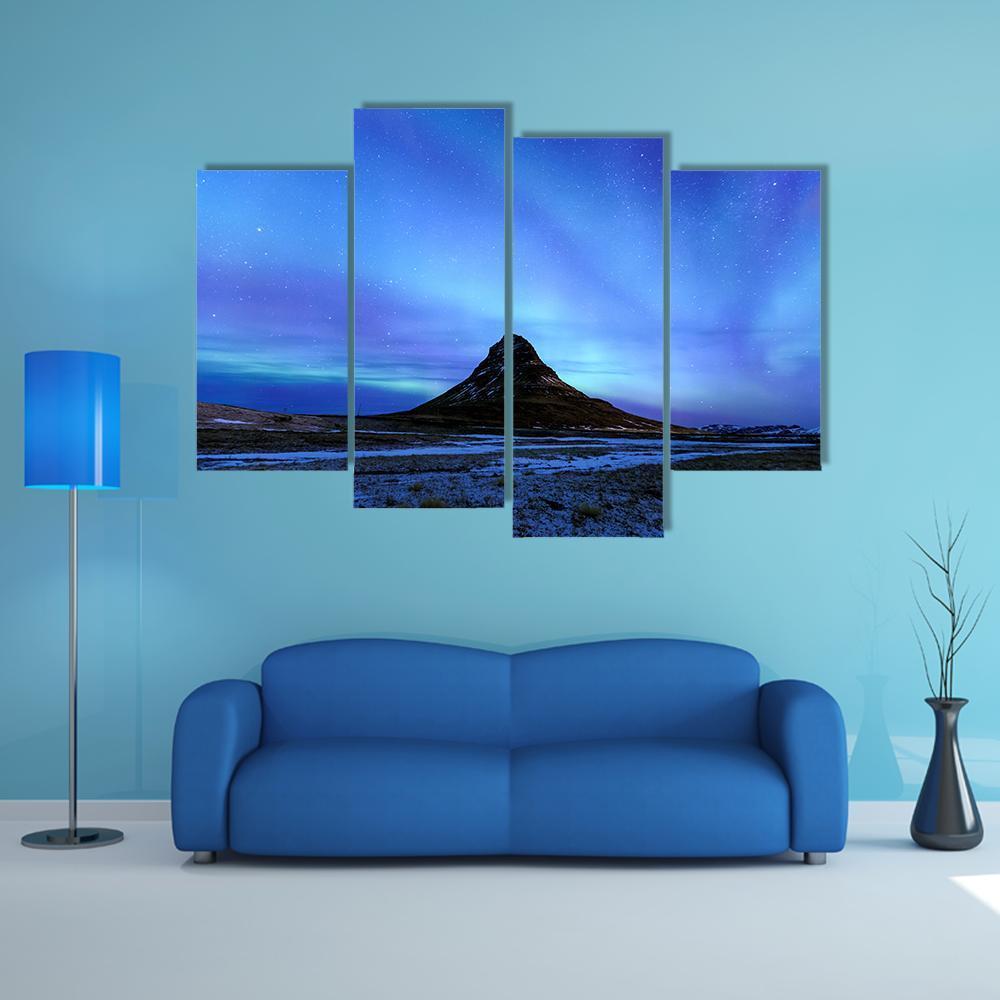 Mountain Kirkjufell &amp; Aurora Canvas Wall Art-4 Pop-Gallery Wrap-50" x 32"-Tiaracle