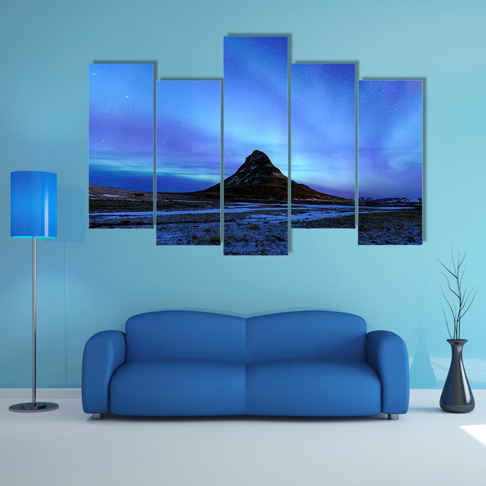 Mountain Kirkjufell &amp; Aurora Canvas Wall Art-5 Pop-Gallery Wrap-47" x 32"-Tiaracle