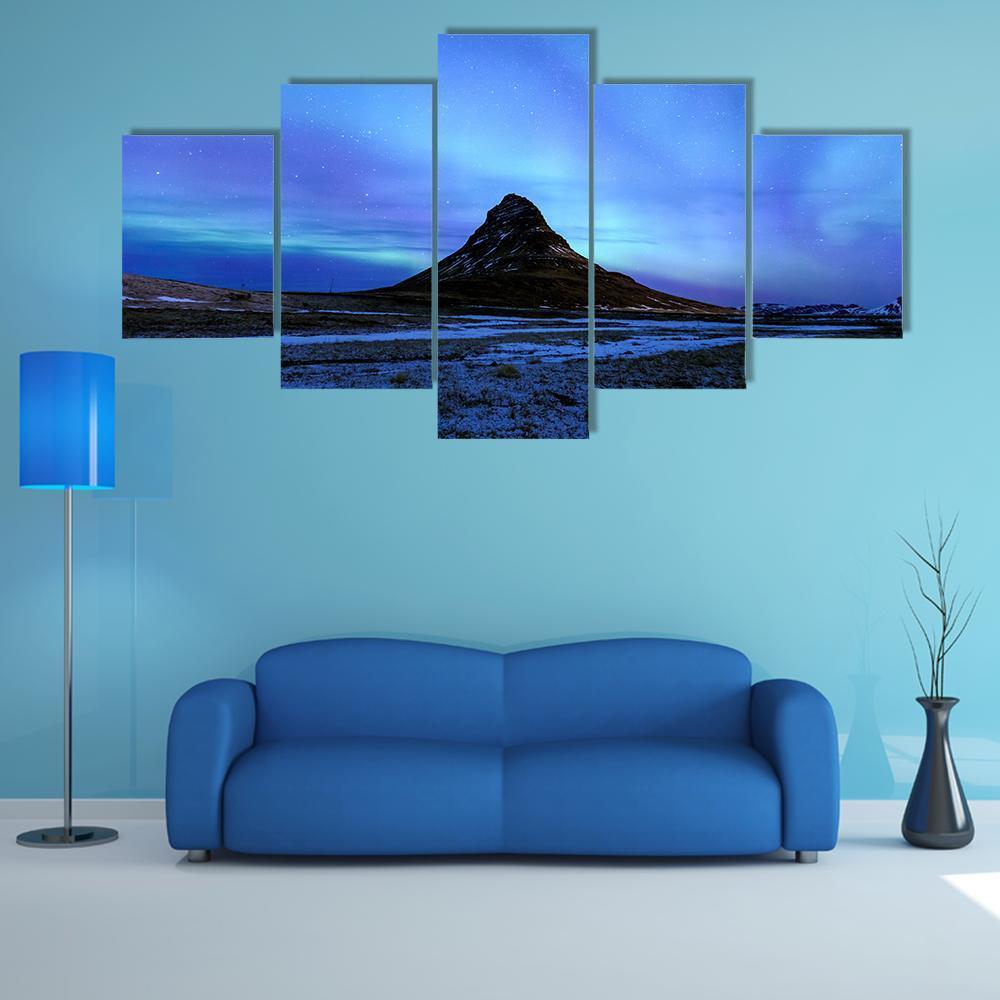 Mountain Kirkjufell &amp; Aurora Canvas Wall Art-5 Star-Gallery Wrap-62" x 32"-Tiaracle