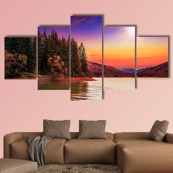 Mountain Lake In Autumn Canvas Wall Art-5 Star-Gallery Wrap-62" x 32"-Tiaracle