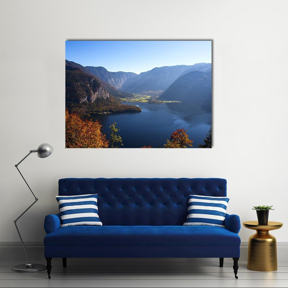 Serene Mountain Lake in Austria Canvas Wall Art in brown, green and blue, single panel hung on a wall