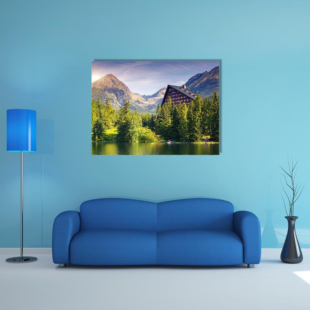 Lake Near the Tatra Mountains Canvas Wall Art in brown, green and blue, single panel hung on a wall