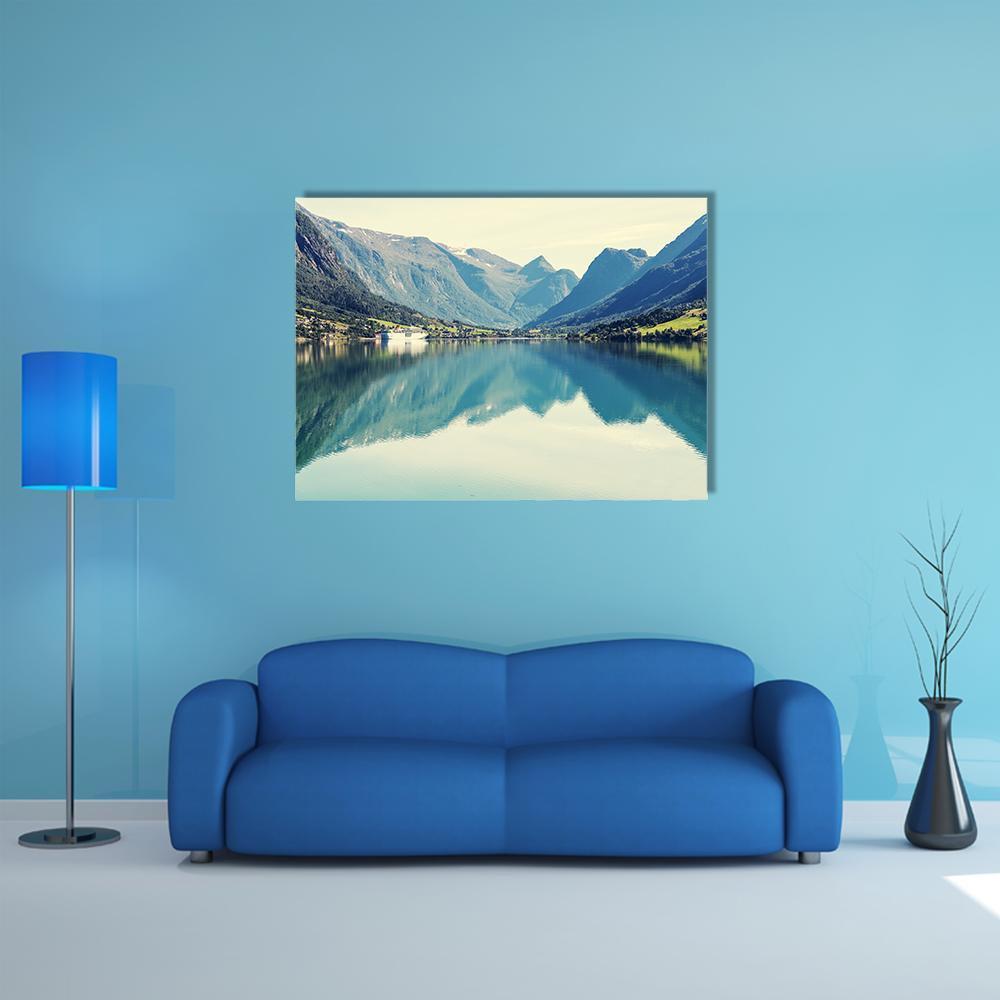 Mountain Lake in Norway Canvas Wall Art in white, green and blue, single panel hung on a wall