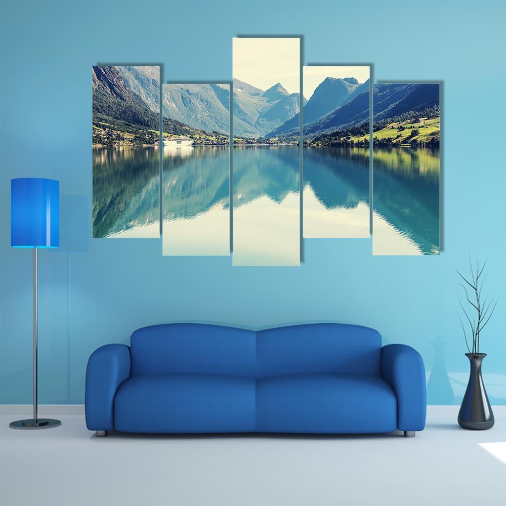 Mountain Lake Norway Canvas Wall Art-5 Pop-Gallery Wrap-47" x 32"-Tiaracle