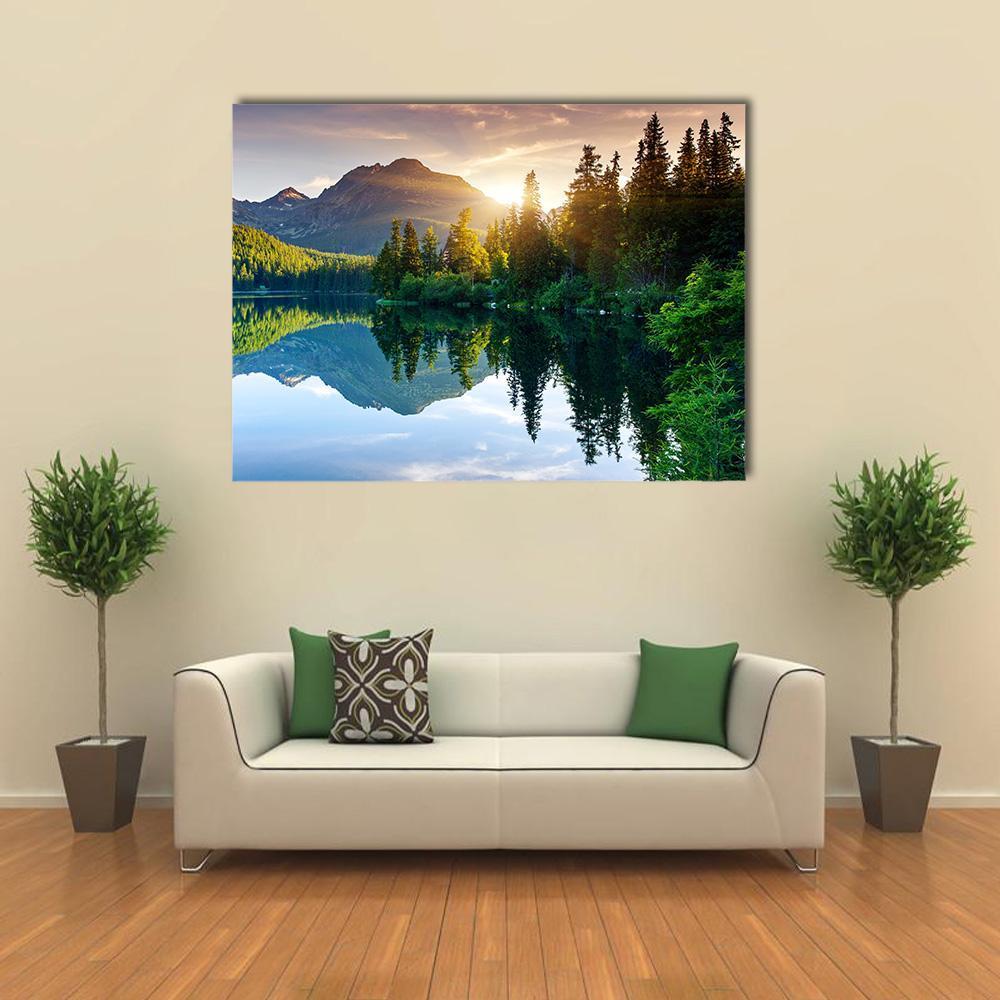 Mountain Lake in Slovakia at Sunrise Canvas Wall Art in yellow, green and blue, single panel hung on a wall