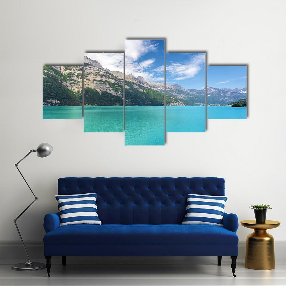 Mountain Lake In Switzerland Canvas Wall Art-5 Star-Gallery Wrap-62" x 32"-Tiaracle