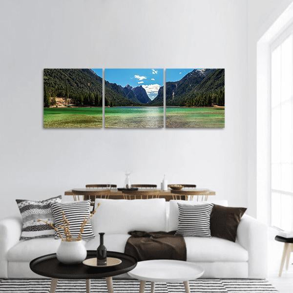 Lake In Dolomites Italy Panoramic Canvas Wall Art-3 Piece-25" x 08"-Tiaracle