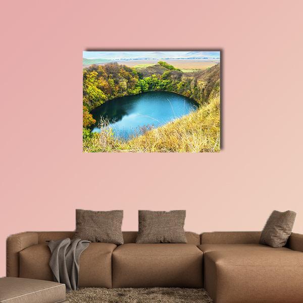 Shadkhurey Lake Russia Canvas Wall Art in yellow, green and blue, single panel hung on a wall