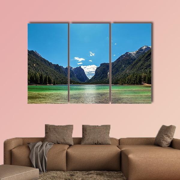 Lake In Dolomites Italy Canvas Wall Art-4 Pop-Gallery Wrap-50" x 32"-Tiaracle