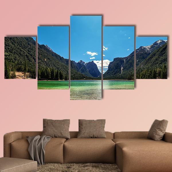 Lake In Dolomites Italy Canvas Wall Art-5 Star-Gallery Wrap-62&quot; x 32&quot;-Tiaracle
