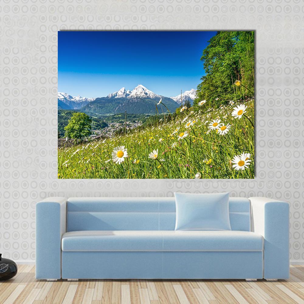 Mountain Landscape in Bavarian Alps Canvas Wall Art in white, green and blue, single panel hung on a wall