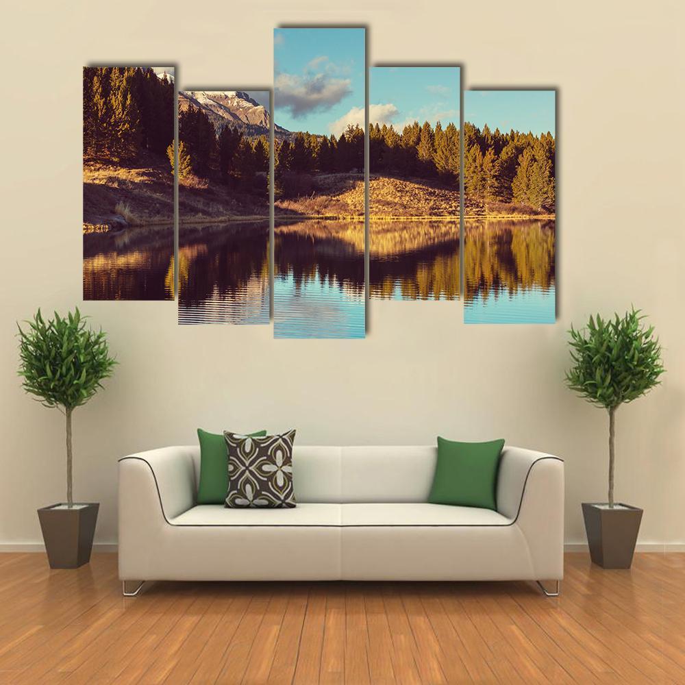Lake In Rocky Mountains Canvas Wall Art-5 Pop-Gallery Wrap-47" x 32"-Tiaracle