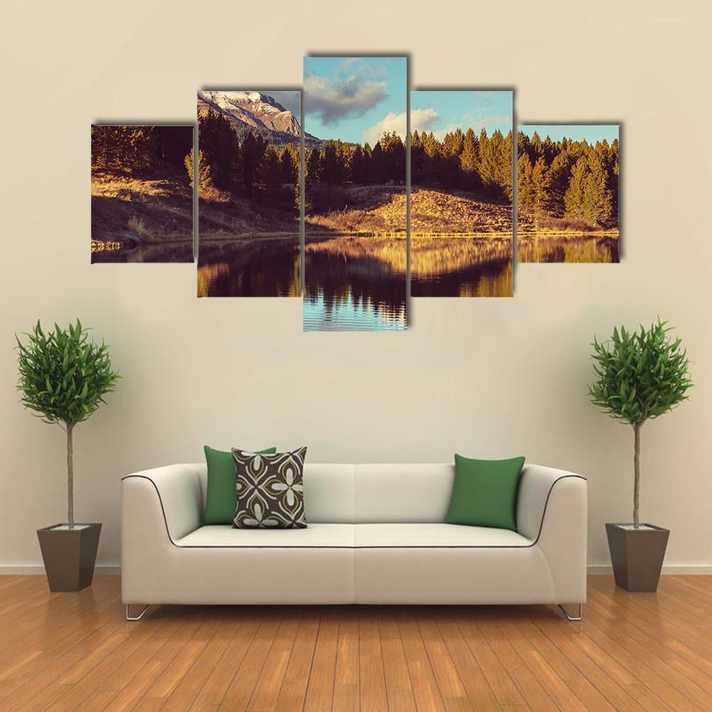 Lake In Rocky Mountains Canvas Wall Art-5 Star-Gallery Wrap-62" x 32"-Tiaracle