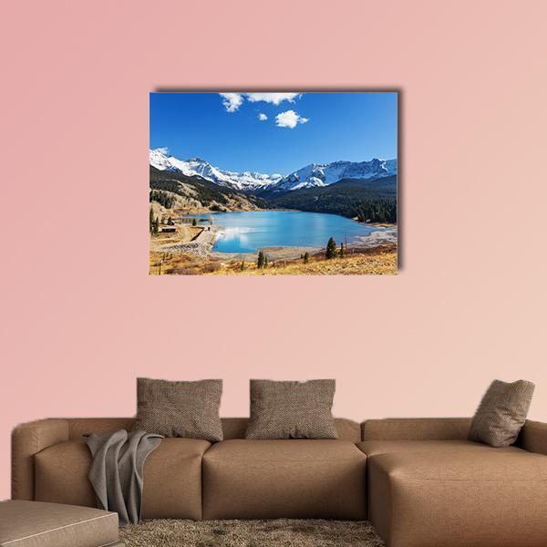 Lake in the Colorado Rockies Canvas Wall Art in white, brown and blue, single panel hung on a wall
