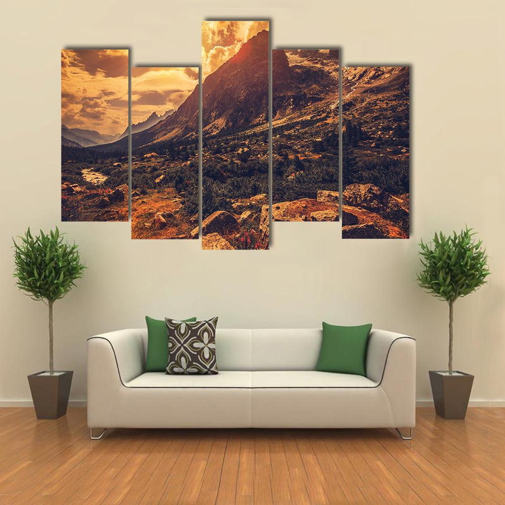 Mountain Landscape At Sunset Canvas Wall Art-5 Pop-Gallery Wrap-47" x 32"-Tiaracle