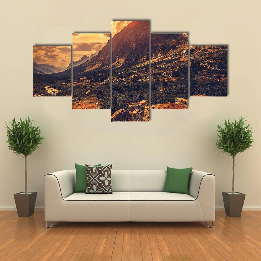 Mountain Landscape At Sunset Canvas Wall Art-5 Star-Gallery Wrap-62" x 32"-Tiaracle