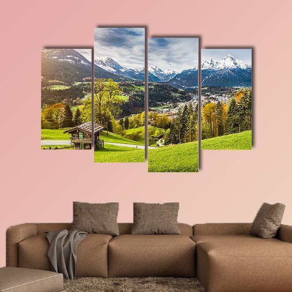 Village In Bavarian Alps Canvas Wall Art-4 Pop-Gallery Wrap-50&quot; x 32&quot;-Tiaracle