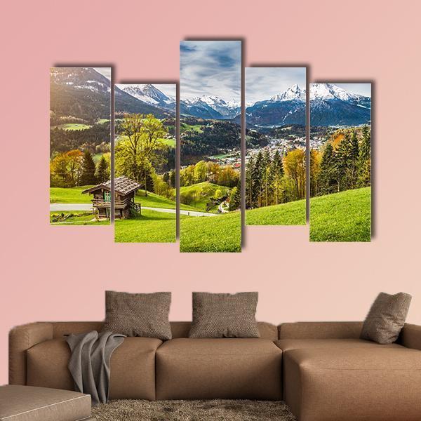 Village In Bavarian Alps Canvas Wall Art-5 Pop-Gallery Wrap-47&quot; x 32&quot;-Tiaracle