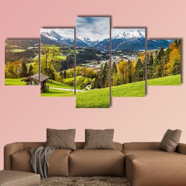 Village In Bavarian Alps Canvas Wall Art-5 Star-Gallery Wrap-62&quot; x 32&quot;-Tiaracle