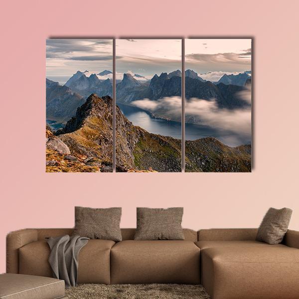 Mountain Landscape In Lofoten Canvas Wall Art-3 Horizontal-Gallery Wrap-37" x 24"-Tiaracle