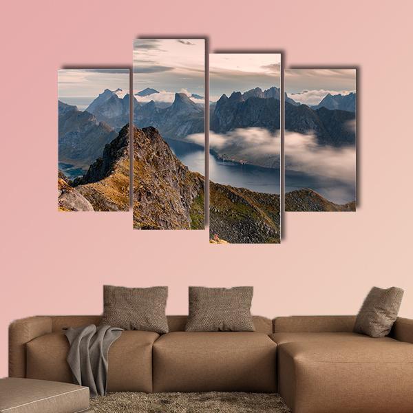 Mountain Landscape In Lofoten Canvas Wall Art-4 Pop-Gallery Wrap-50" x 32"-Tiaracle