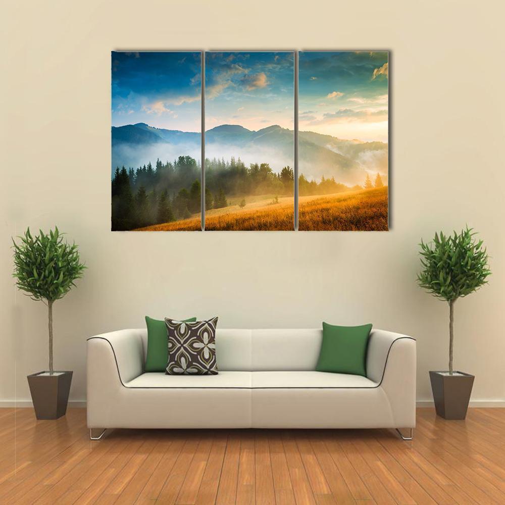 Mountain Landscape With Fog Canvas Wall Art-3 Horizontal-Gallery Wrap-37" x 24"-Tiaracle