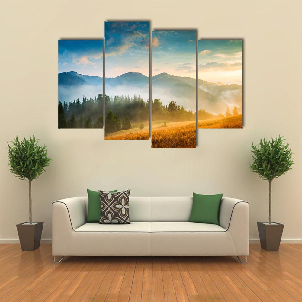 Mountain Landscape With Fog Canvas Wall Art-4 Pop-Gallery Wrap-50" x 32"-Tiaracle