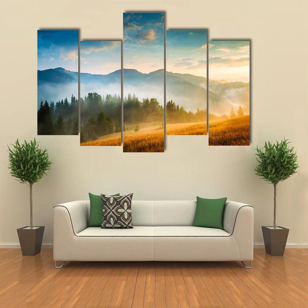 Mountain Landscape With Fog Canvas Wall Art-5 Pop-Gallery Wrap-47" x 32"-Tiaracle