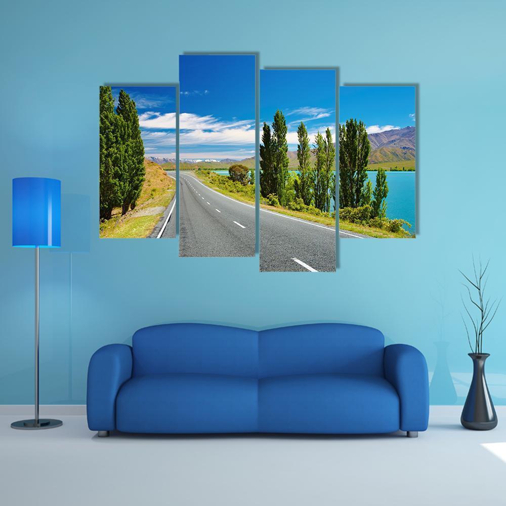 Lake &amp; Road New Zealand Canvas Wall Art-4 Pop-Gallery Wrap-50" x 32"-Tiaracle