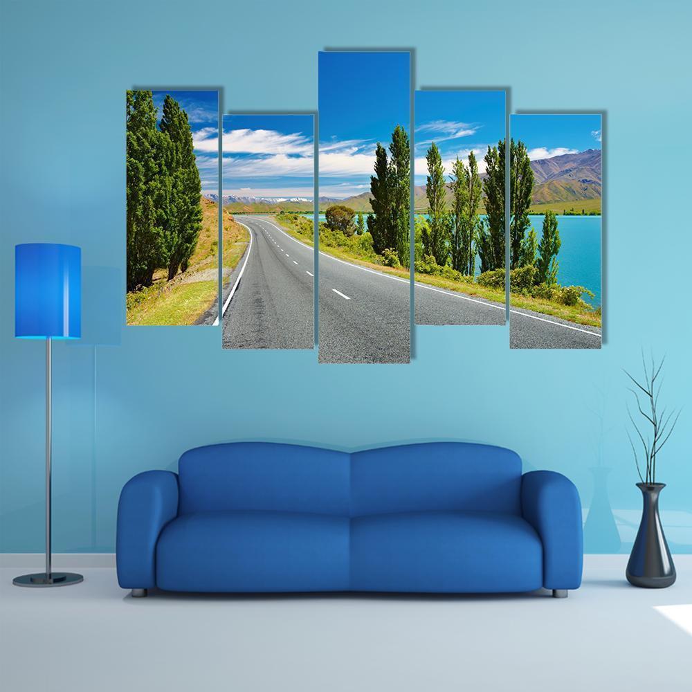Lake &amp; Road New Zealand Canvas Wall Art-5 Pop-Gallery Wrap-47" x 32"-Tiaracle