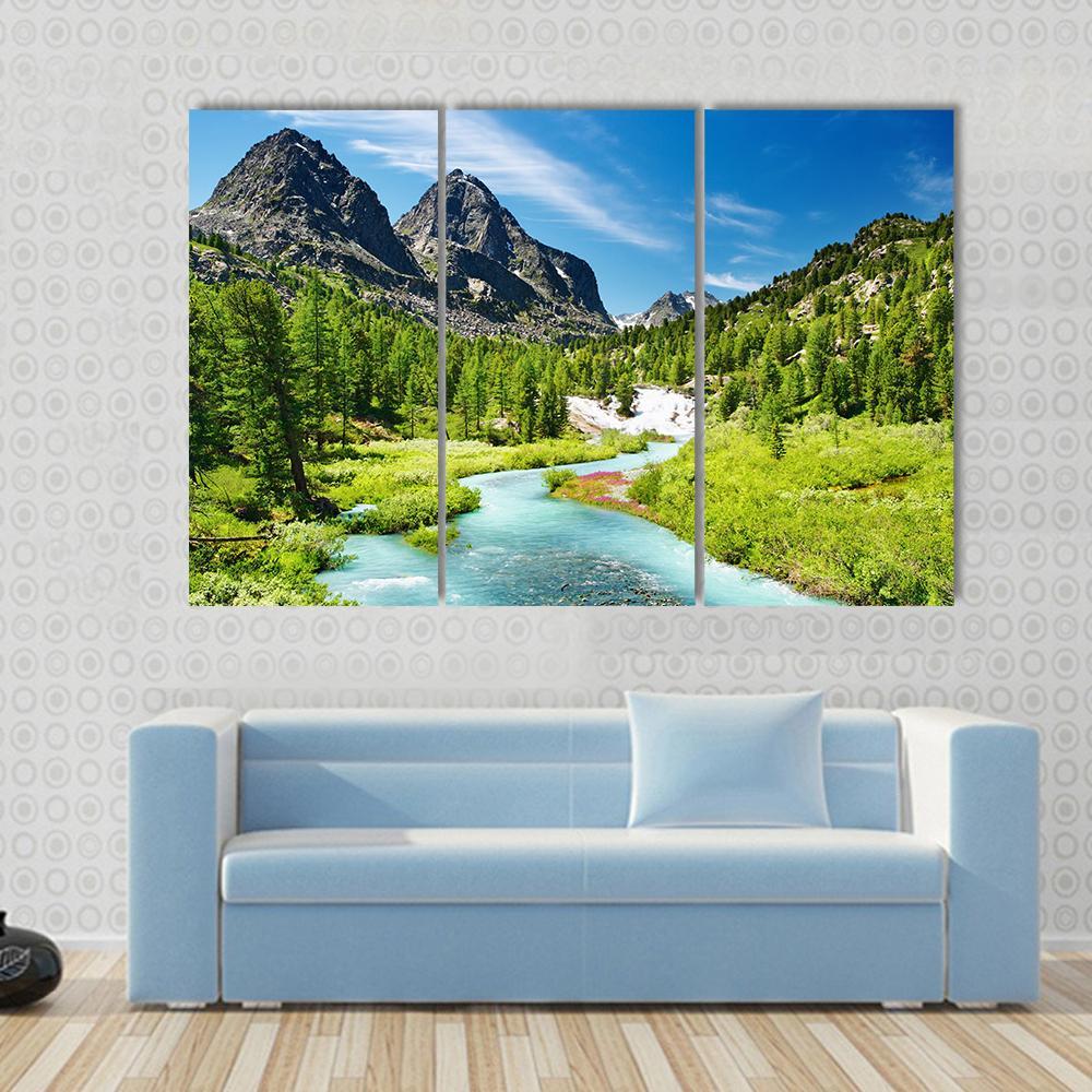 Mountain Landscape With River Canvas Wall Art-3 Horizontal-Gallery Wrap-37" x 24"-Tiaracle
