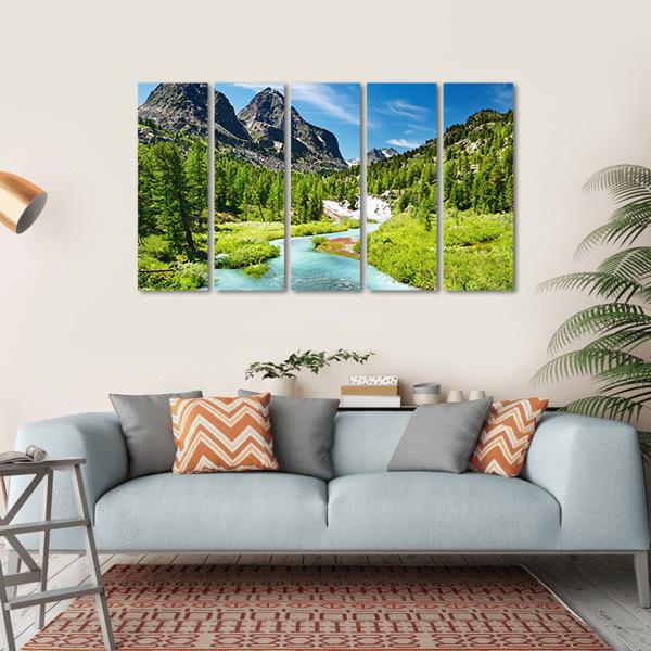 Mountain Landscape With River Canvas Wall Art-5 Horizontal-Gallery Wrap-22" x 12"-Tiaracle