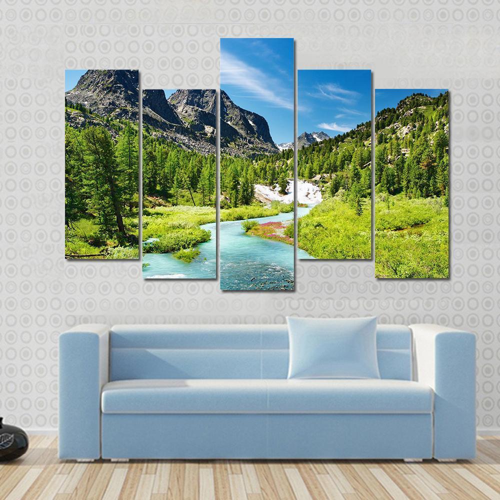 Mountain Landscape With River Canvas Wall Art-5 Pop-Gallery Wrap-47" x 32"-Tiaracle