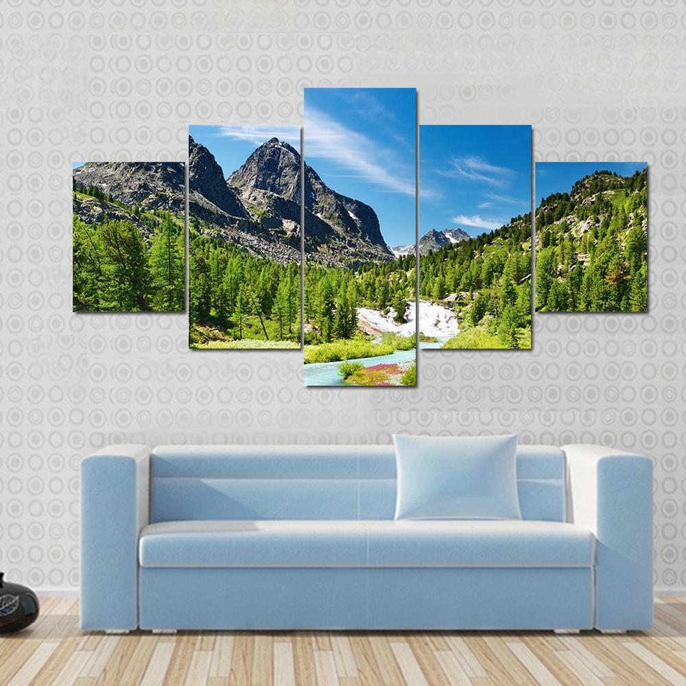Mountain Landscape With River Canvas Wall Art-5 Star-Gallery Wrap-62" x 32"-Tiaracle