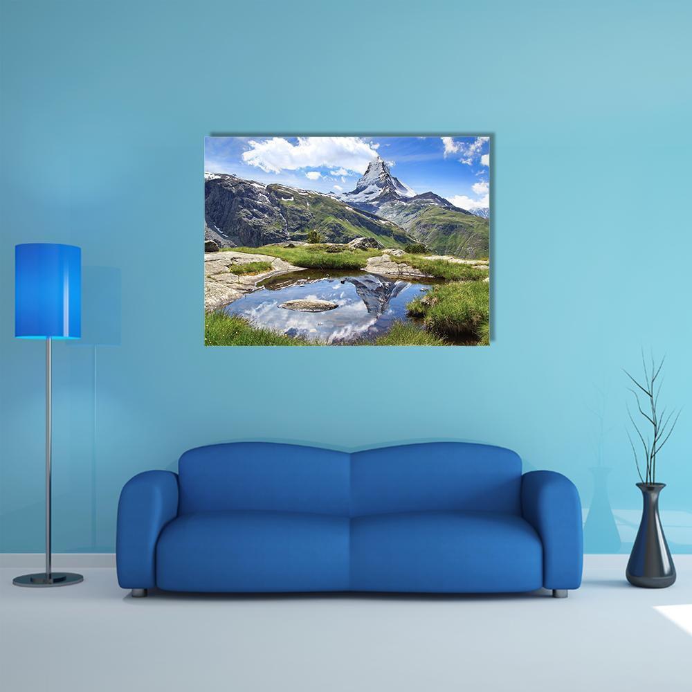 Stellisee Lake Reflection with Matterhorn Canvas Wall Art in white, green and blue, single panel hung on a wall
