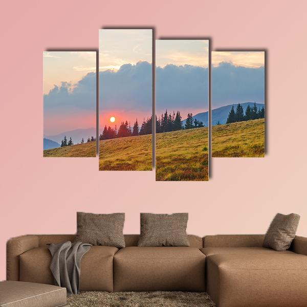 Mountain Landscape With Sun Canvas Wall Art-4 Pop-Gallery Wrap-50" x 32"-Tiaracle