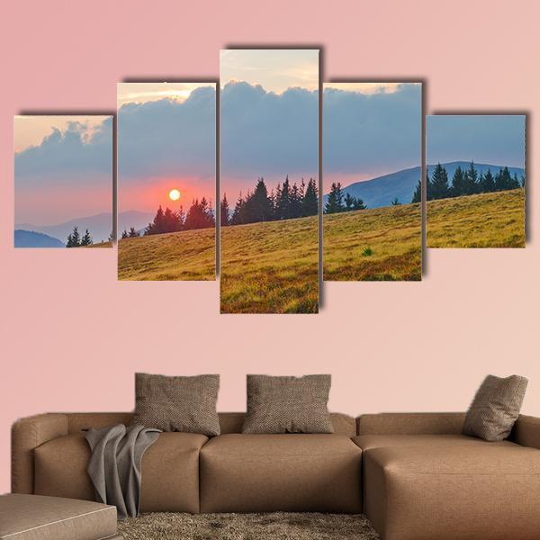 Mountain Landscape With Sun Canvas Wall Art-5 Star-Gallery Wrap-62" x 32"-Tiaracle