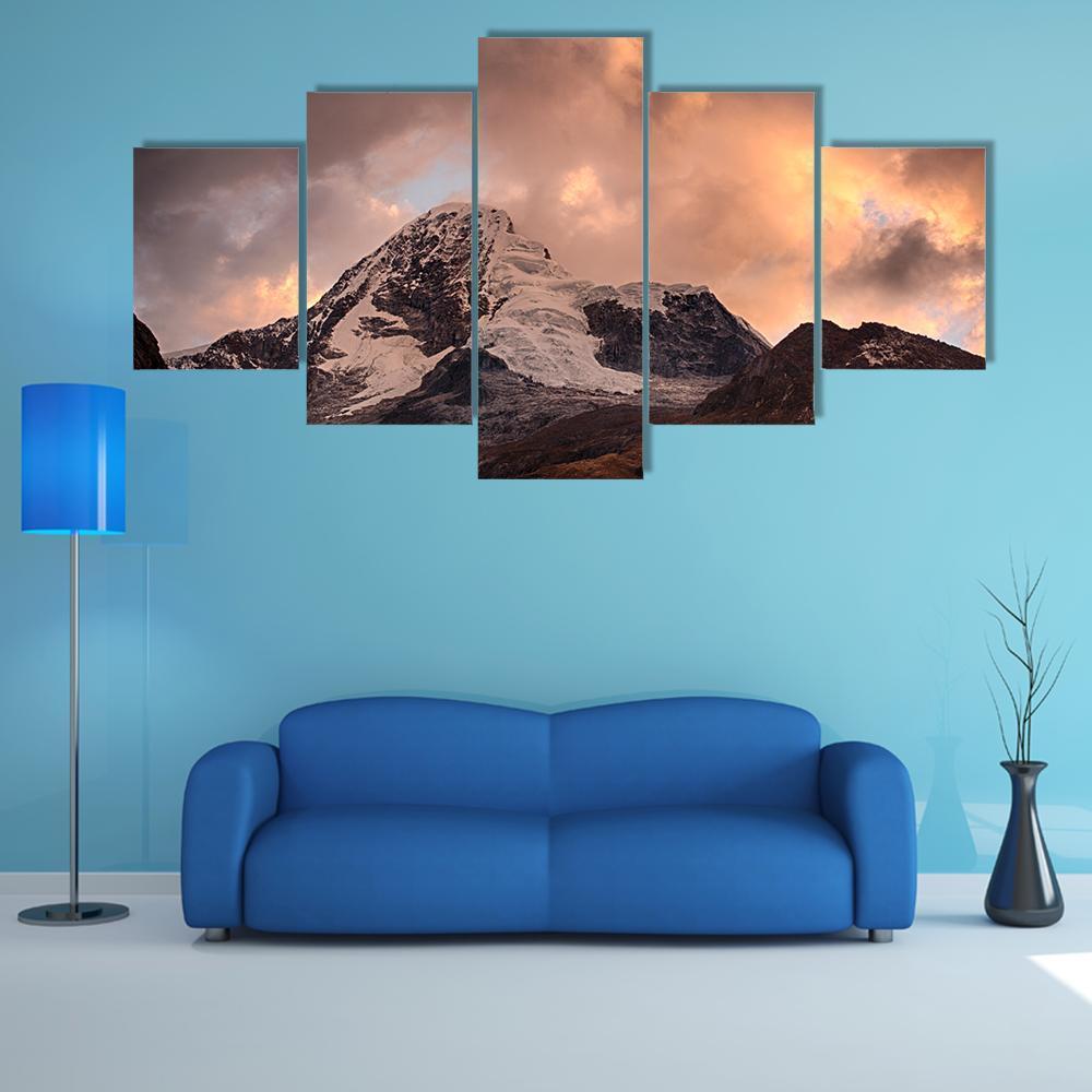 Santa Cruz Mountain at Sunset Canvas Wall Art in white, gray and orange, 5 panel Star layout hung on a wall